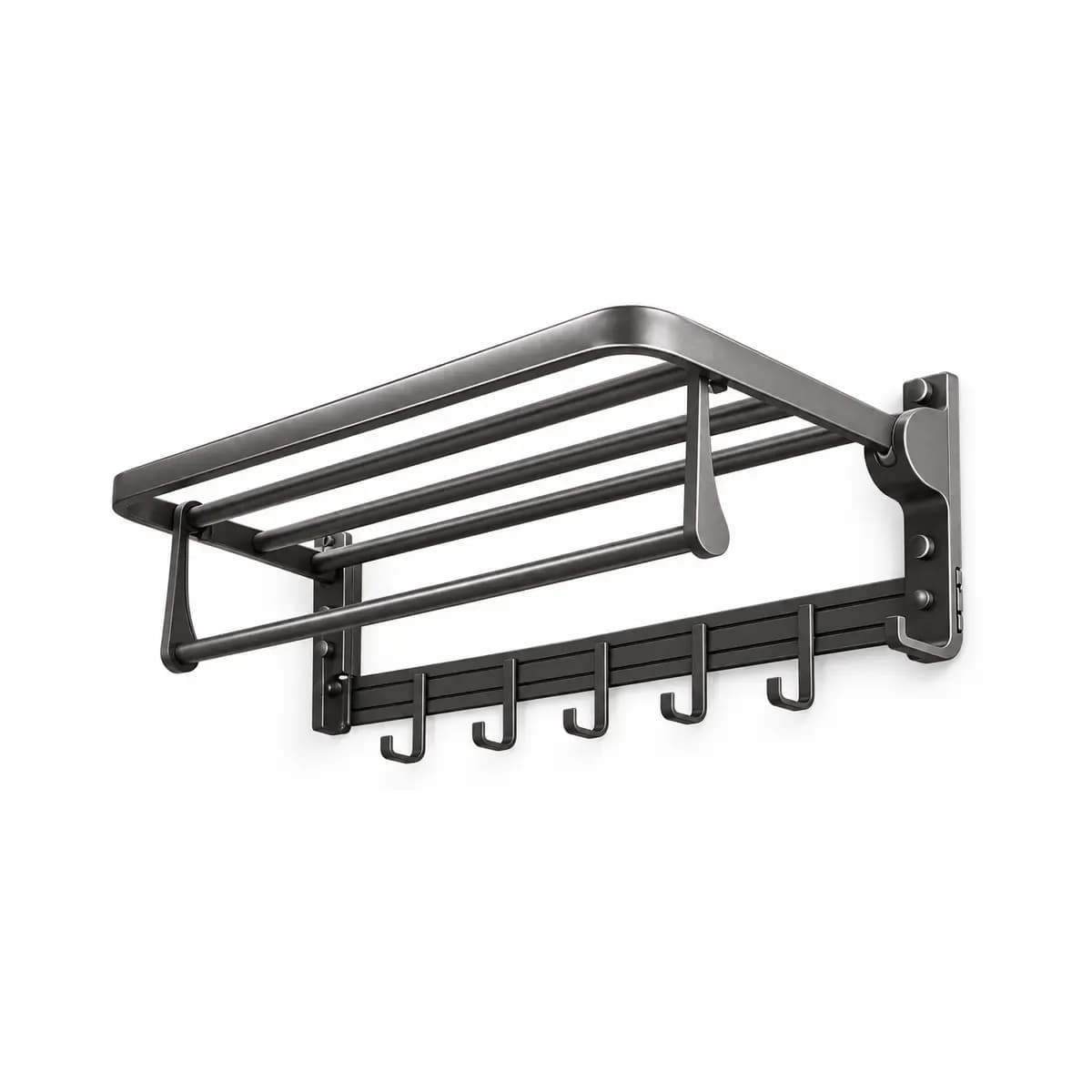 Dark wall-mounted rack with an upper slatted shelf, lower rail and hanging hooks.