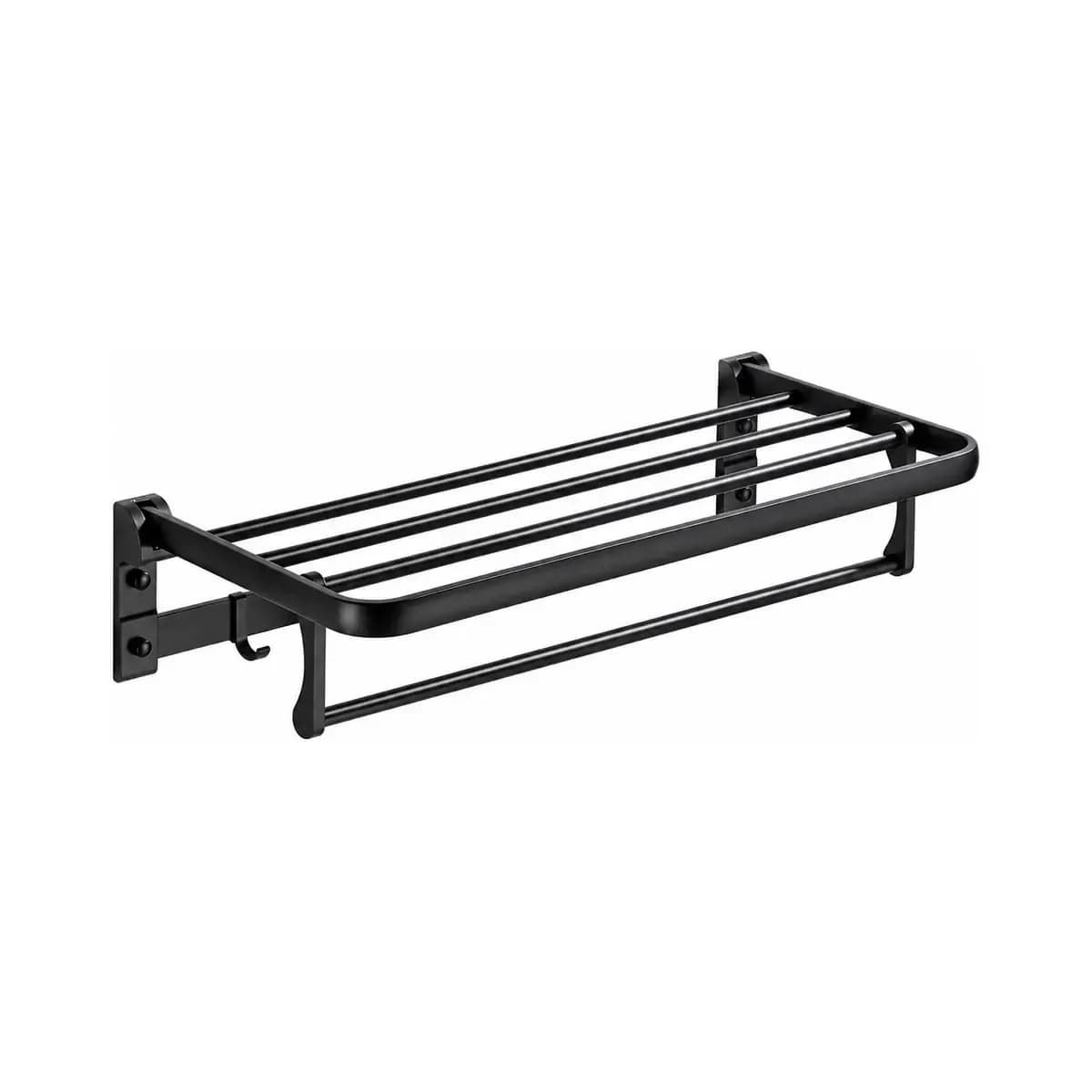 Dark wall-mounted shelf with parallel bars and a lower towel rail.