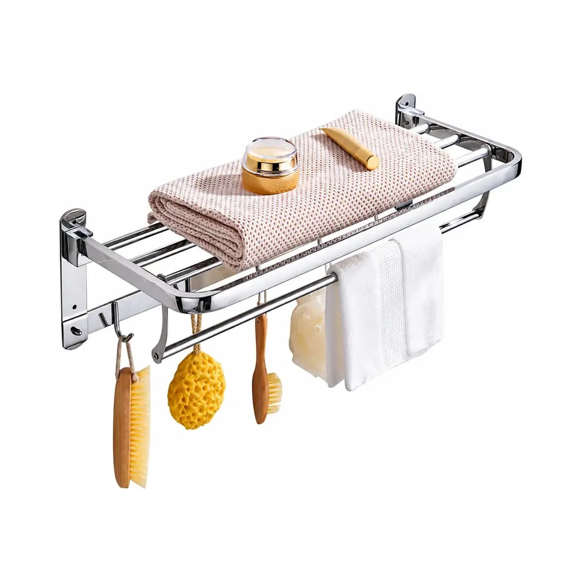 Silver-finish wall rack with an upper shelf, lower rail and hooks; towels and accessories are shown as styling props.