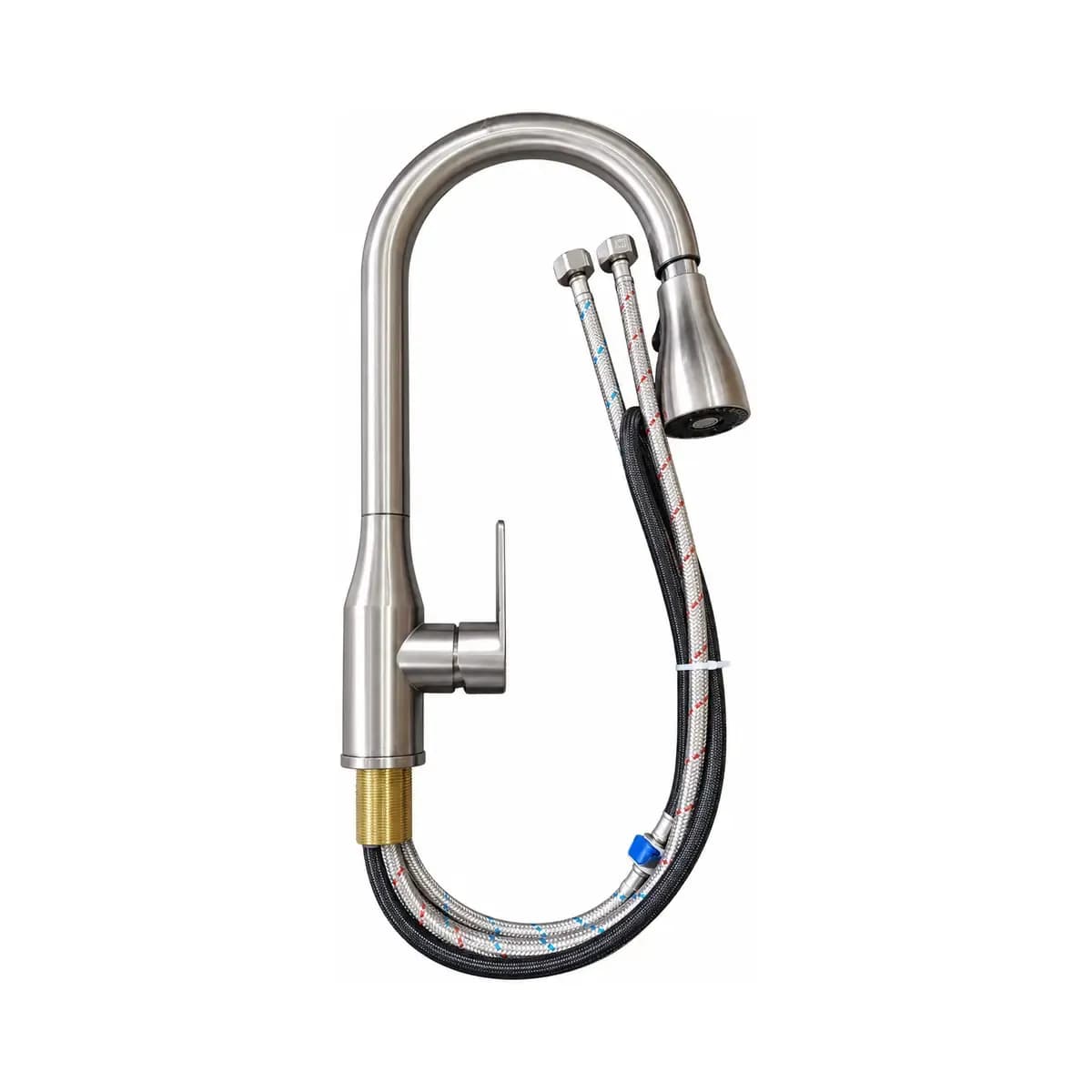 Tall curved silver-finish tap shown alongside flexible connection hoses.