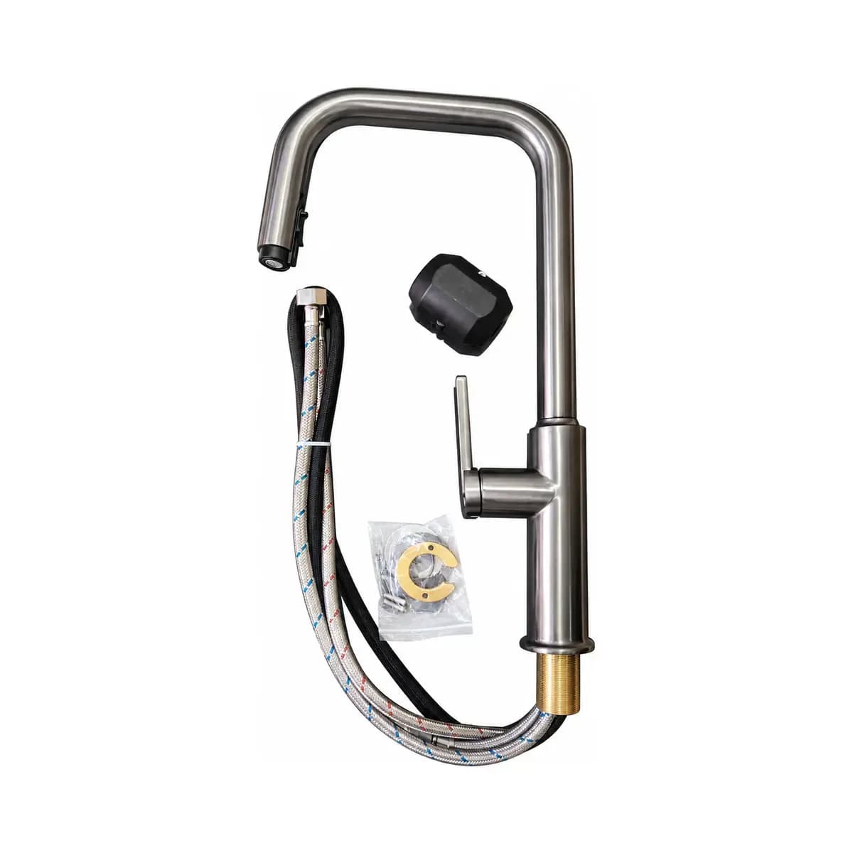 Silver-finish tap with a squared high spout, side lever and separate fittings shown alongside.