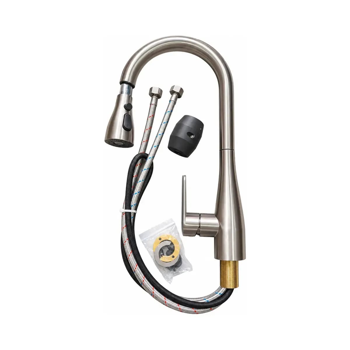Tall rounded silver-finish tap with side lever and loose hoses or fittings pictured beside it.