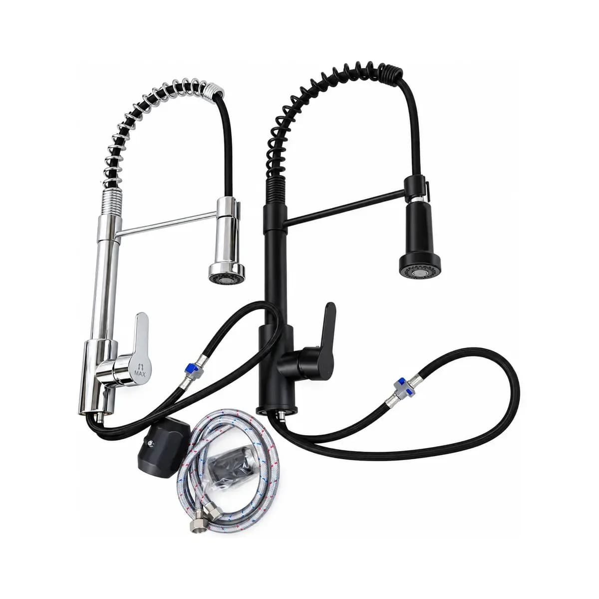 Dark and silver-finish kitchen taps with exposed spring-shaped upper spouts and hoses.