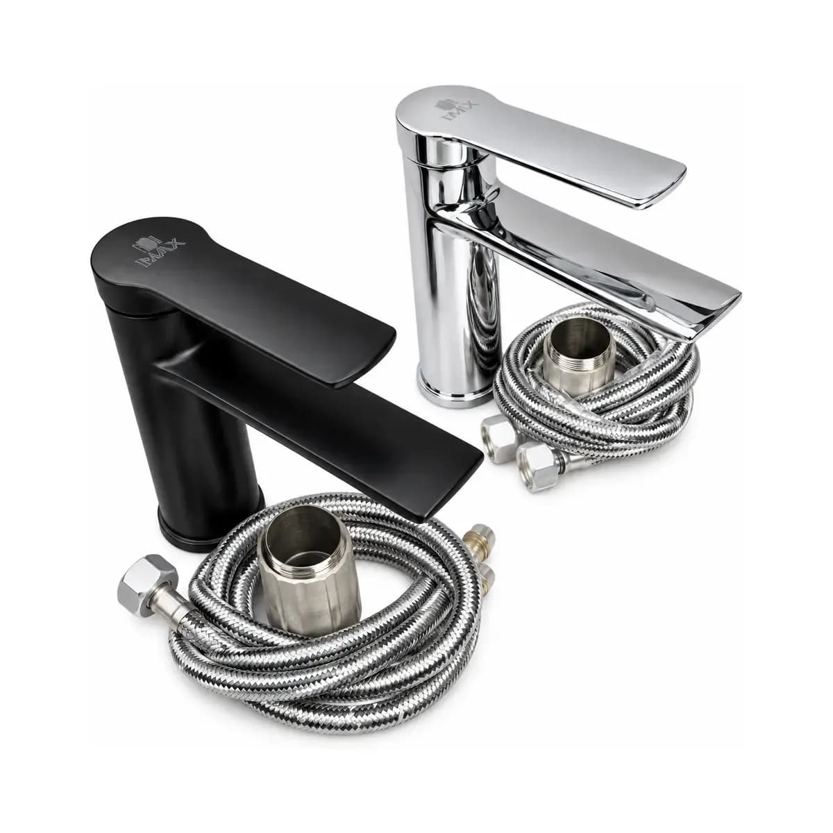 Two short basin taps with flat top levers, one dark and one silver-finish, shown with hoses.