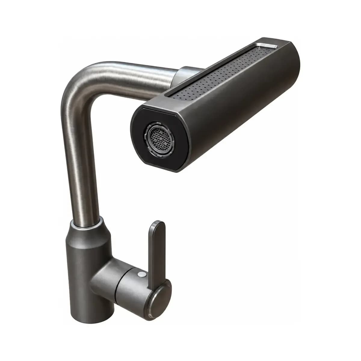Dark tap with a high squared spout and long horizontal head above a side lever.