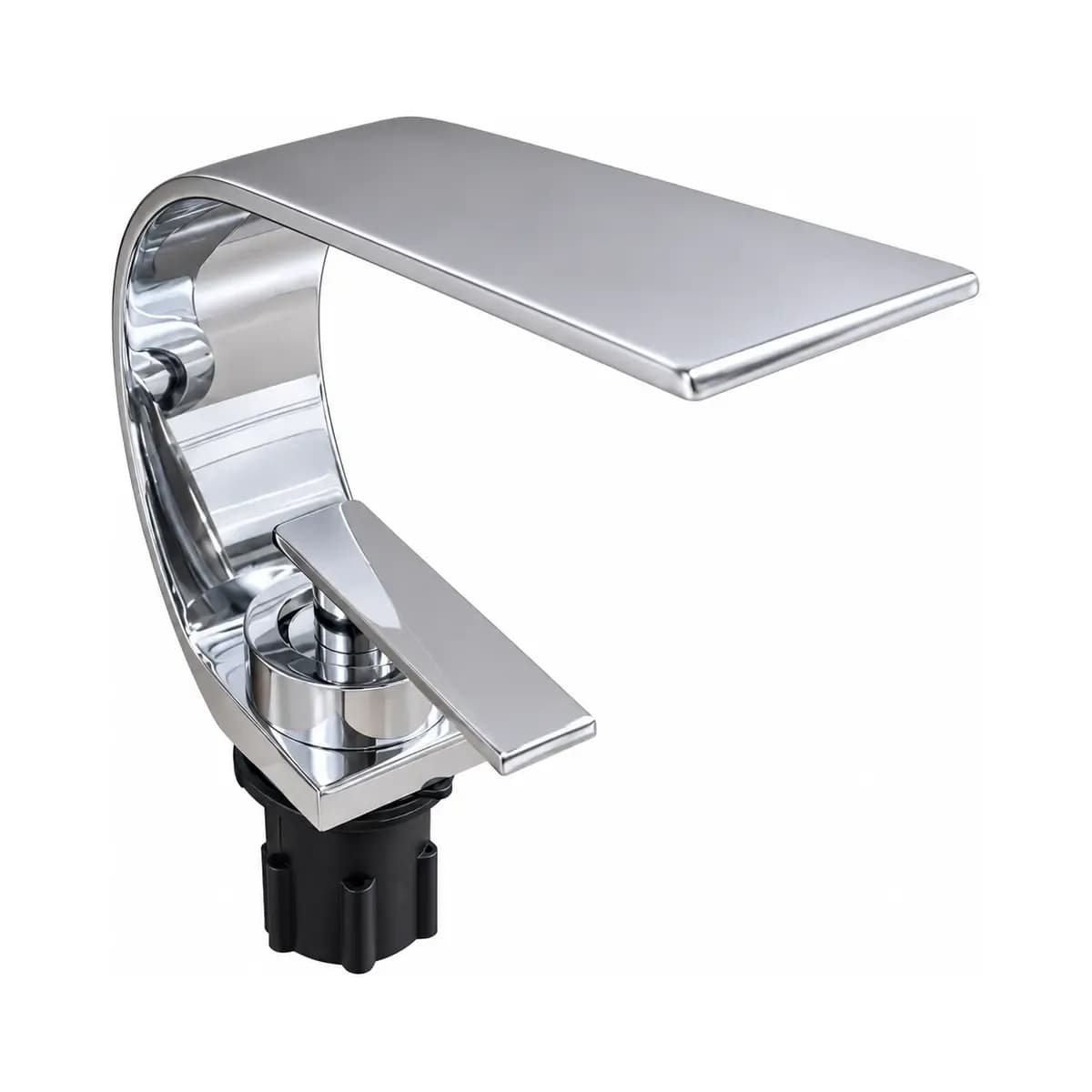 Silver-finish basin tap with a broad top lever and distinctive open-sided curved body.