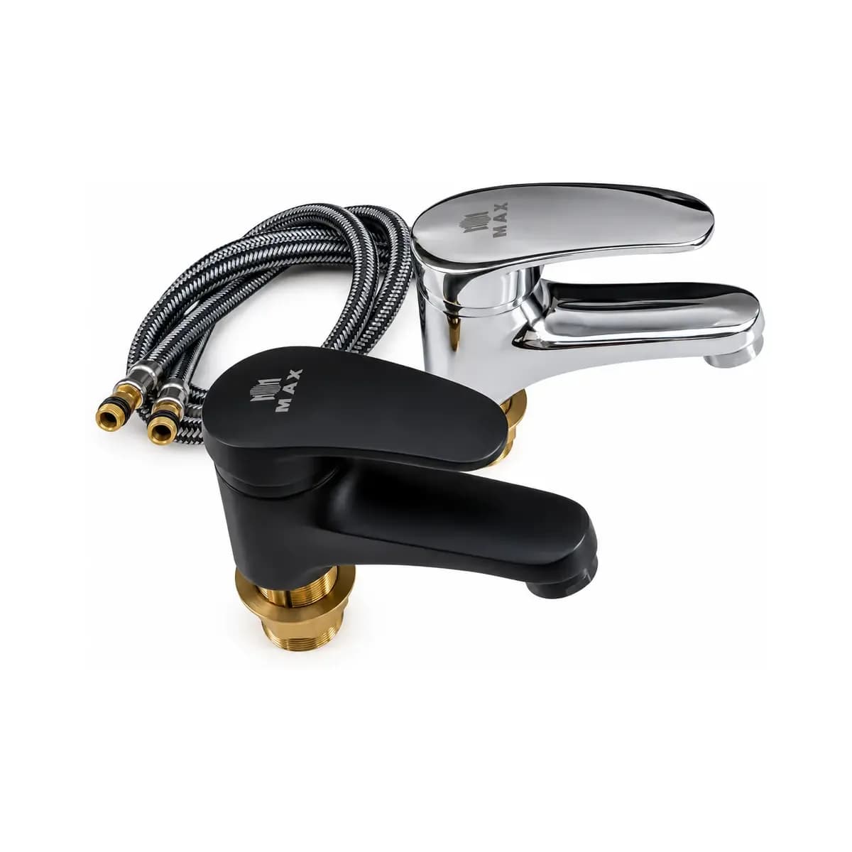 Dark and silver-finish compact basin taps with top levers and loose connection hoses.