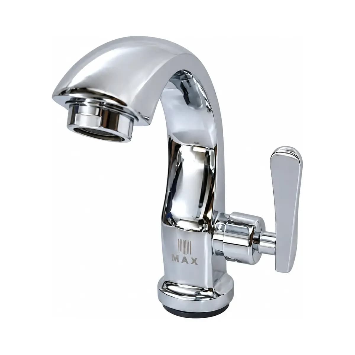 Reflective silver-finish basin tap with a curved outlet and upright side lever.