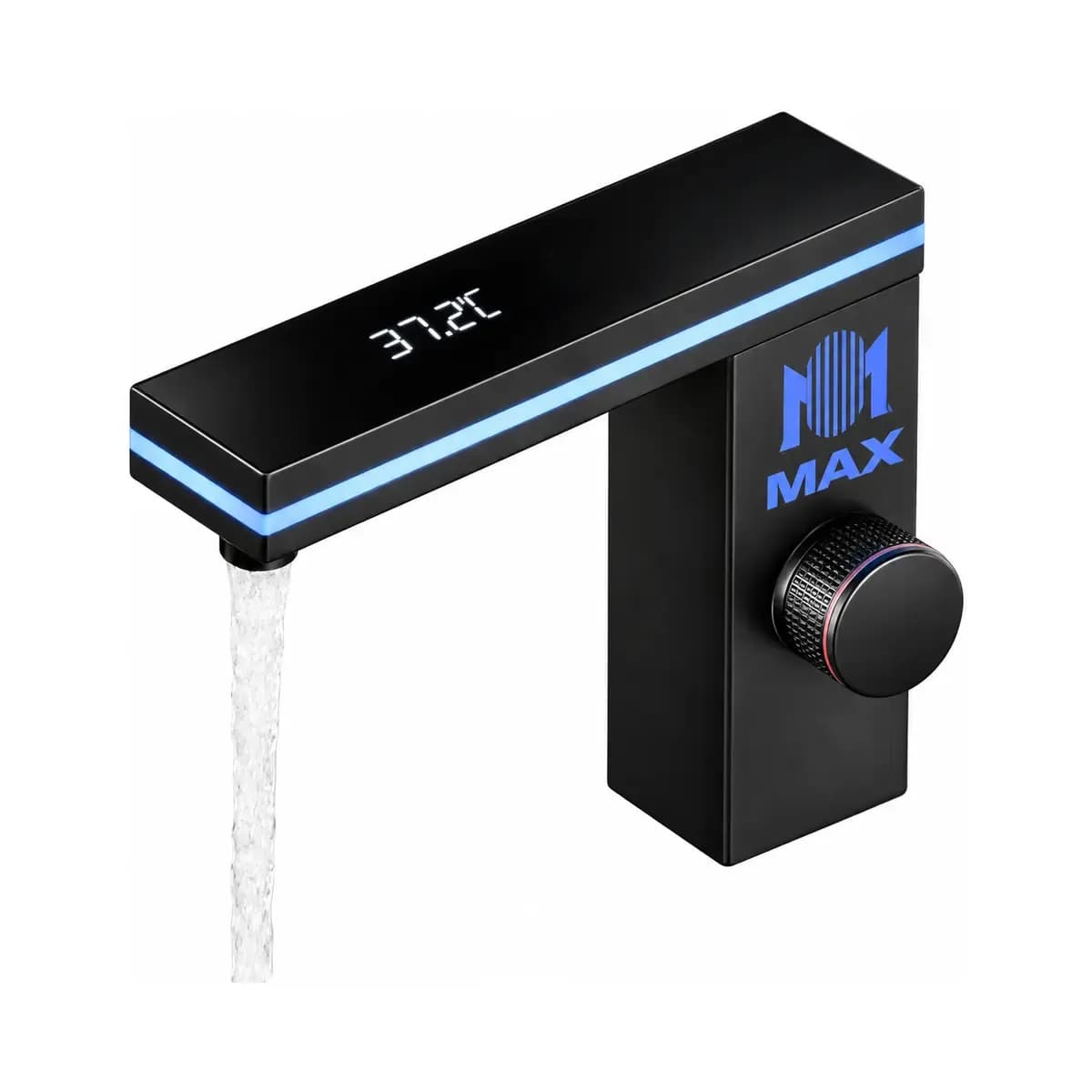 Black rectangular tap depicted with an illuminated-looking strip, display markings and a side control.