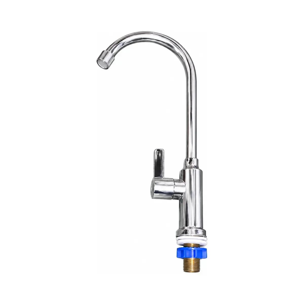 Slim silver-finish tap with a tall curved spout, side lever and exposed threaded mounting end.