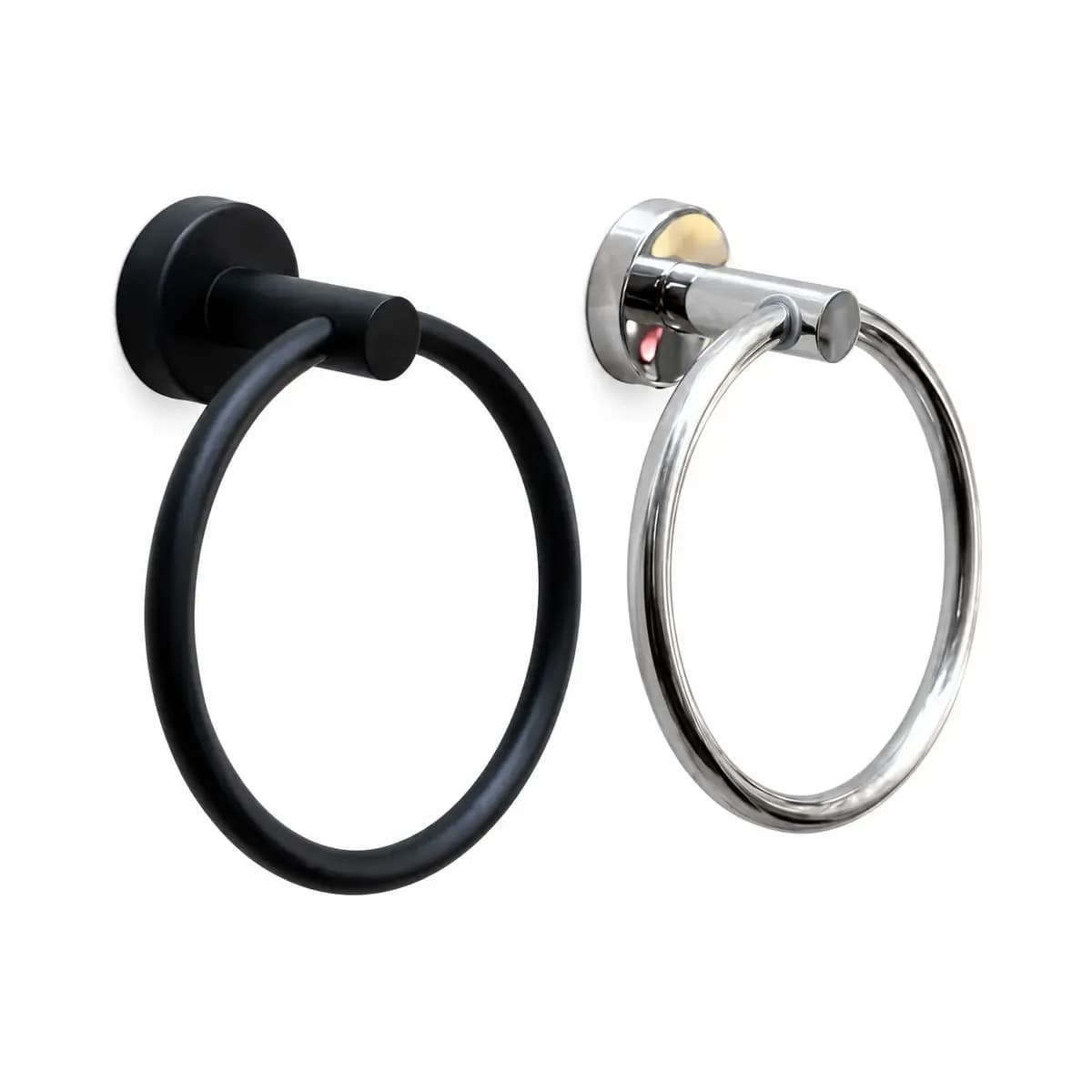 Black and silver-finish circular towel rings with round mounting plates.