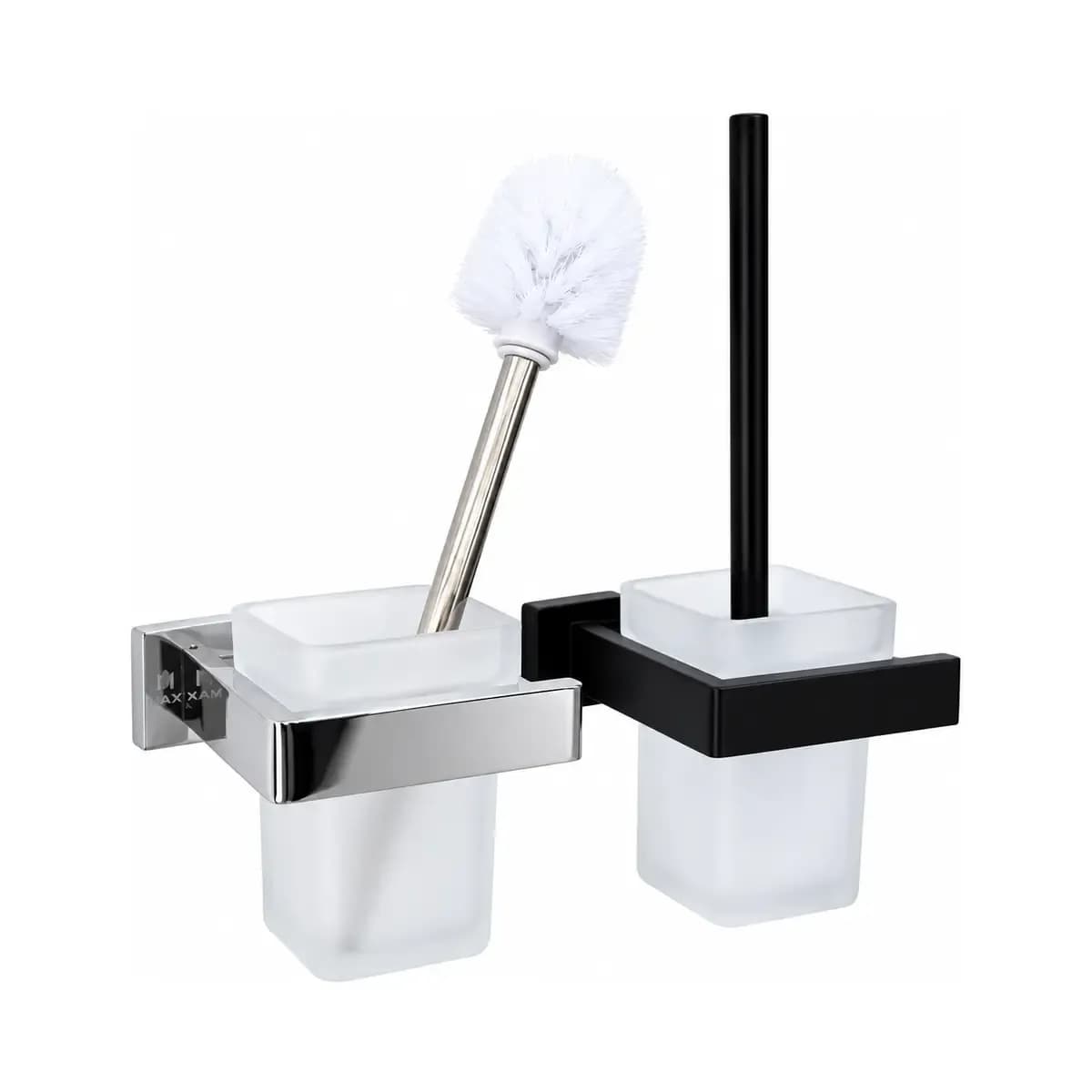 Two wall-mounted brush holders with light-coloured cups, in dark and silver-finish supports.