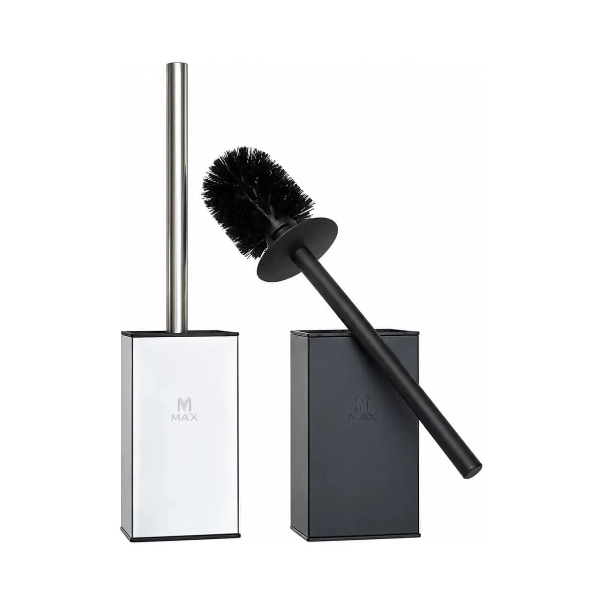 Light and dark rectangular brush holders with long brush handles; one brush is shown outside its holder.