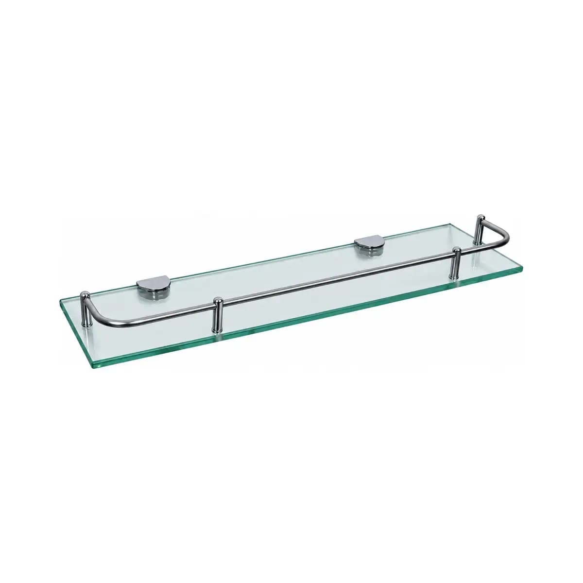 A slim transparent-looking rectangular shelf with a silver-finish front rail and two mounting supports.