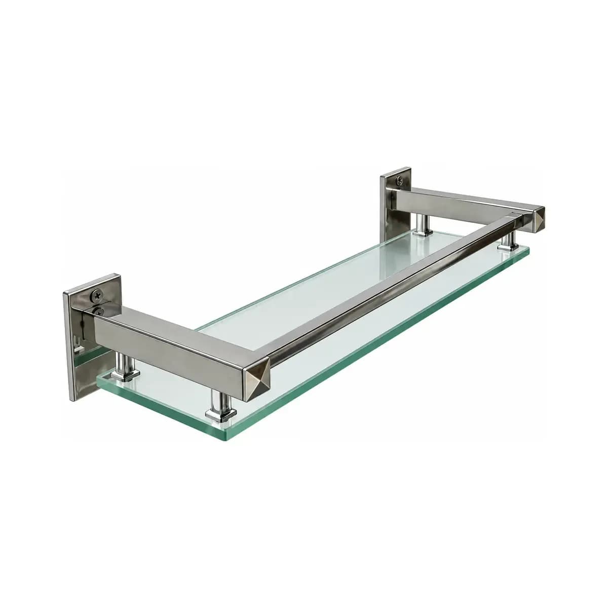 Transparent-looking shelf with a squared silver-finish guard rail and wall brackets.