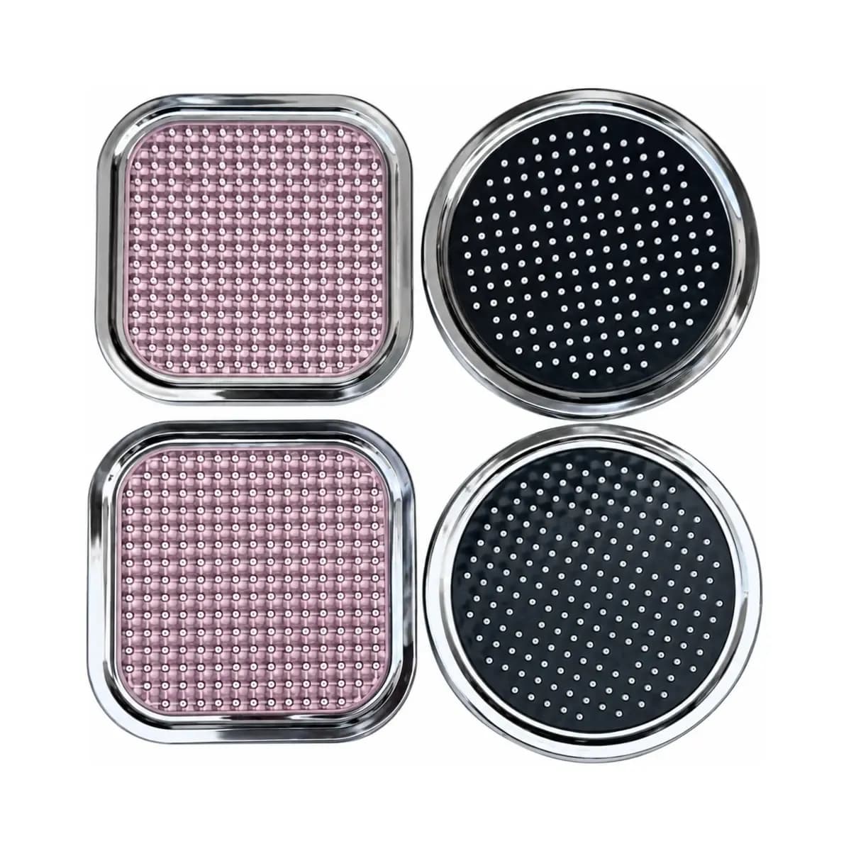 Four shower-head faces shown in round and rounded-square shapes with contrasting nozzle surfaces.