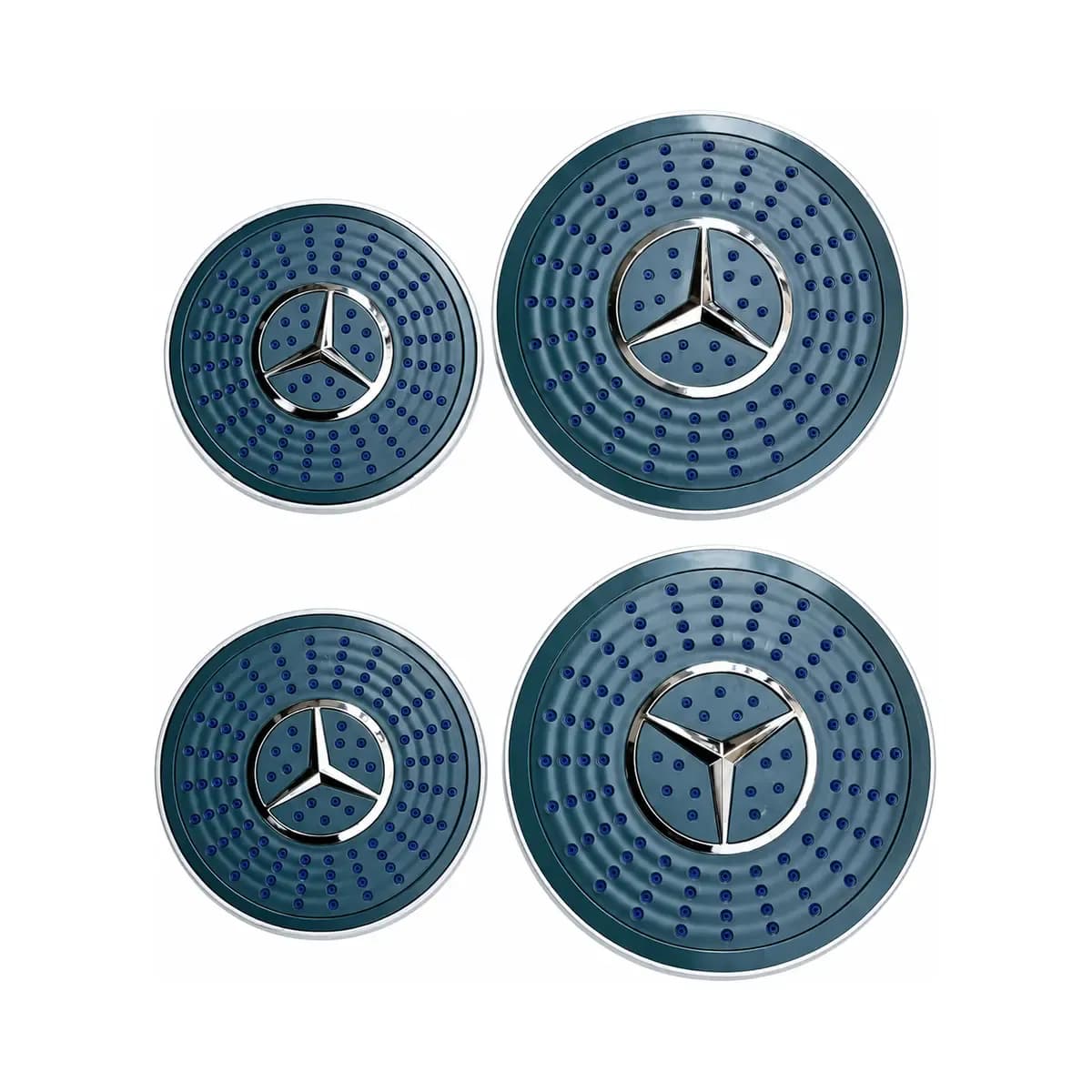 Four round blue-toned shower-head faces in two apparent sizes, with patterned central inserts.