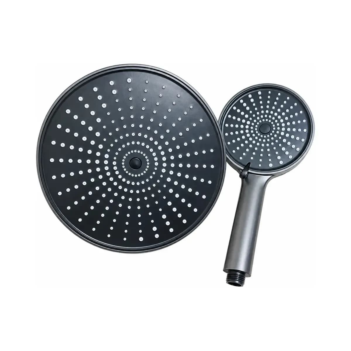 A large dark round shower-head face beside a smaller hand-shower head.