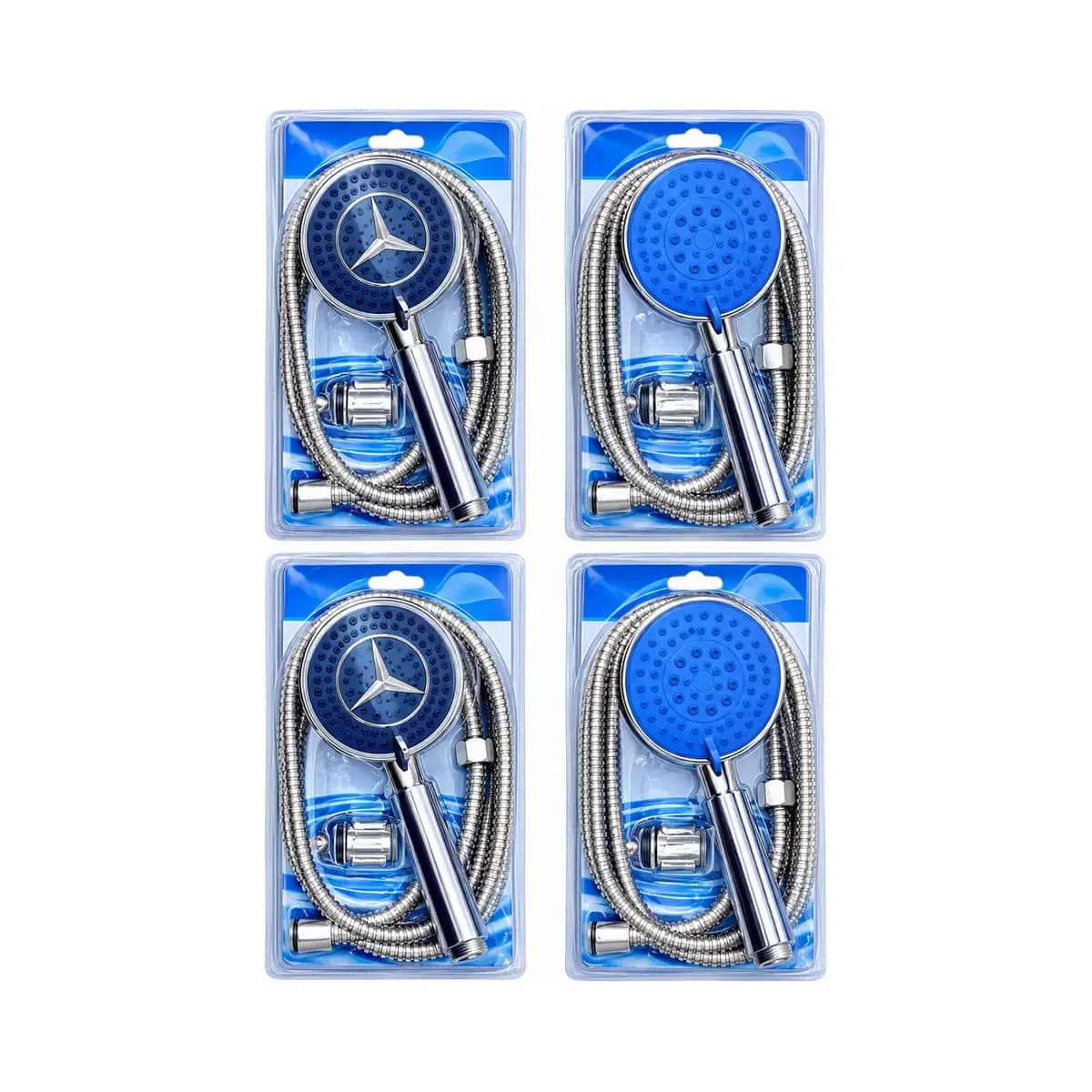 Four blue-backed packages showing hand showers and coiled hoses.