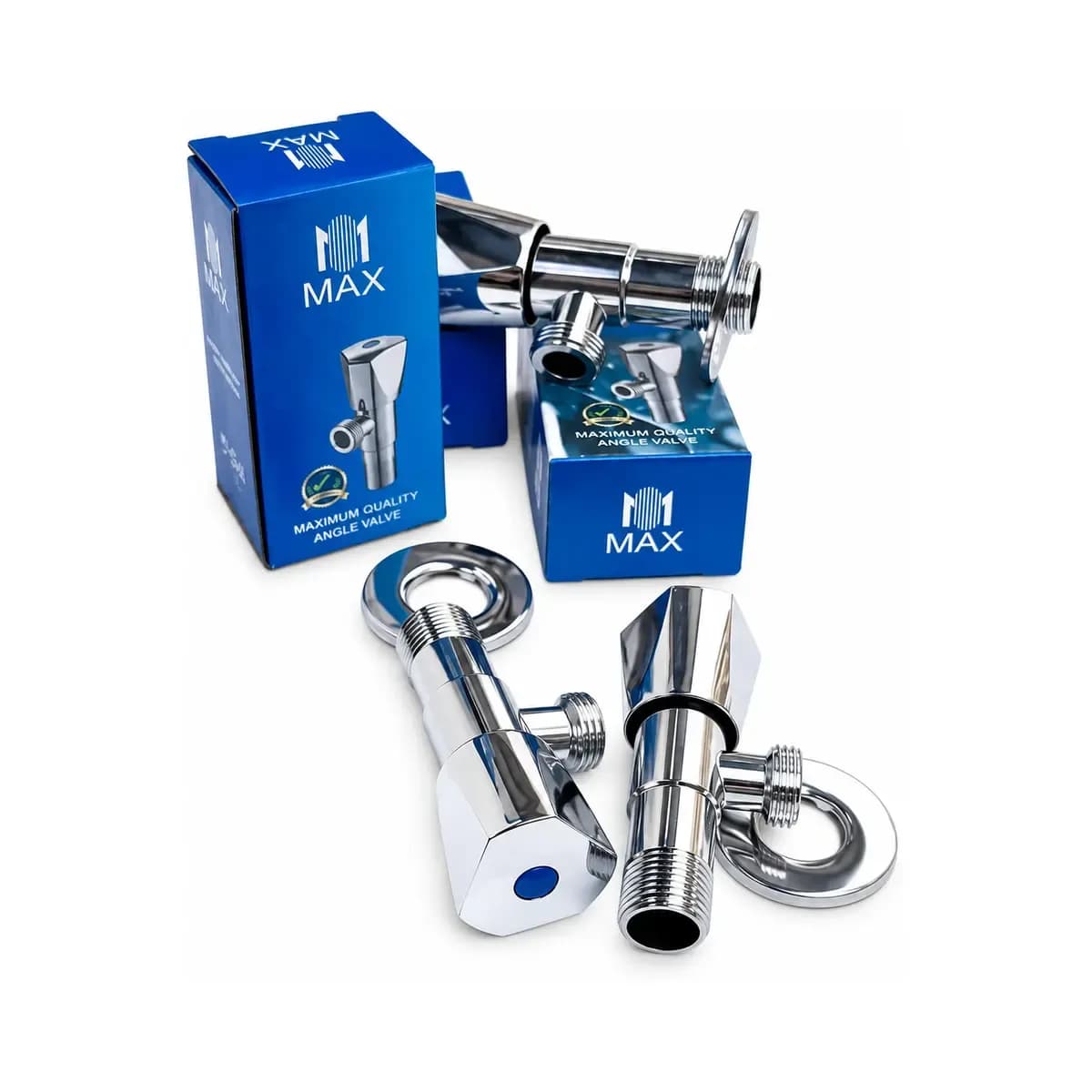 Several silver-finish plumbing valves with round covers and blue or red control markings; packaging is visible.
