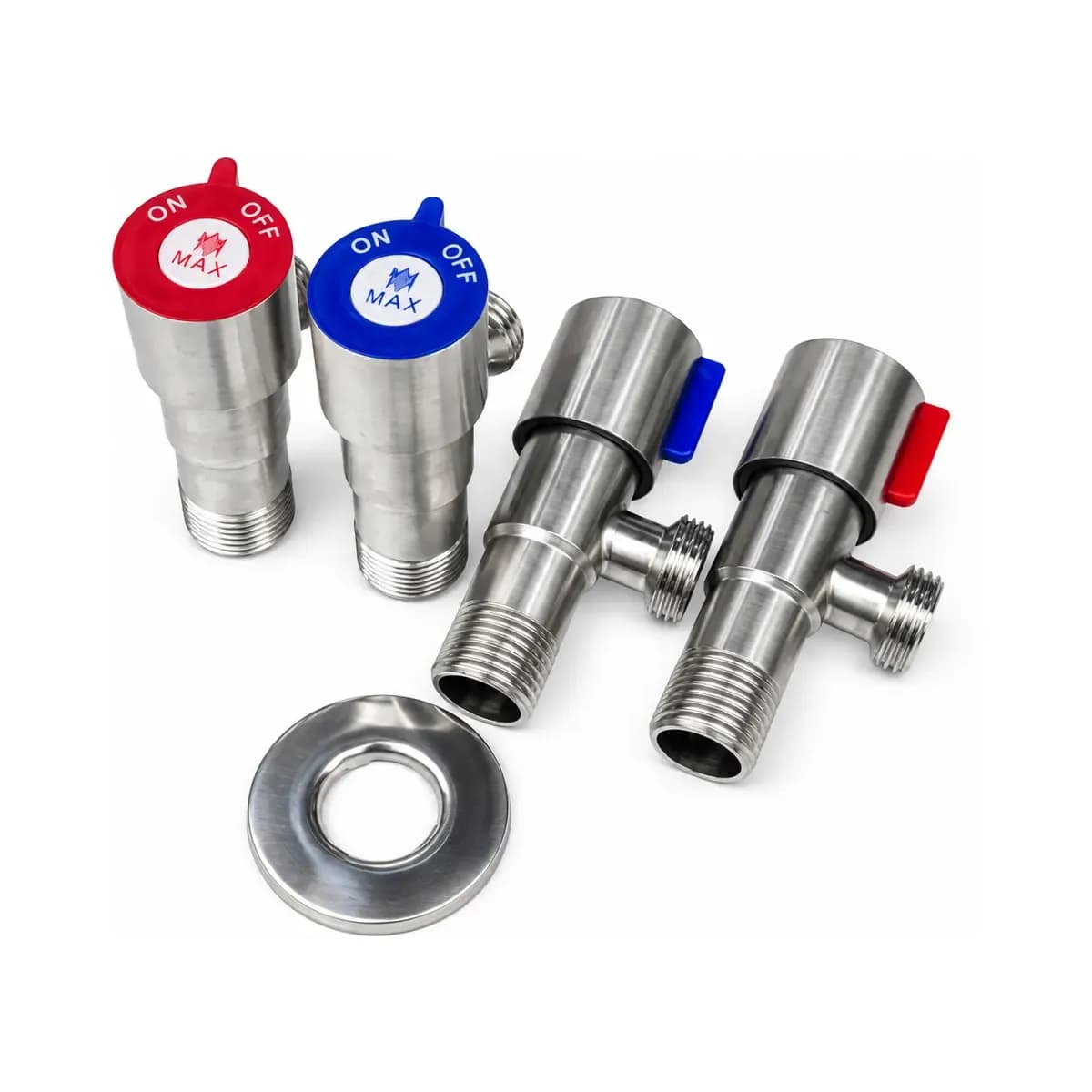 Silver-finish threaded valves with red and blue labelled controls and loose round covers.