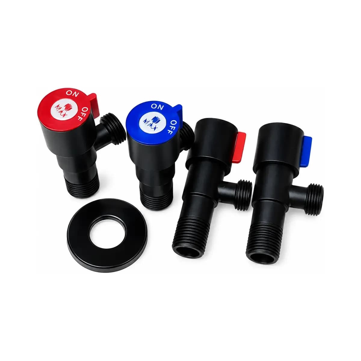 Black threaded valves with red and blue control markings and a loose round cover.