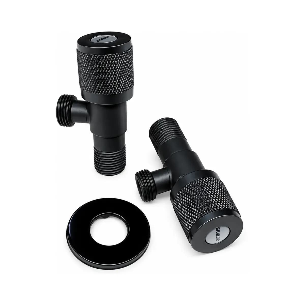 Two dark cylindrical valves with threaded side connections and a separate round trim cover.
