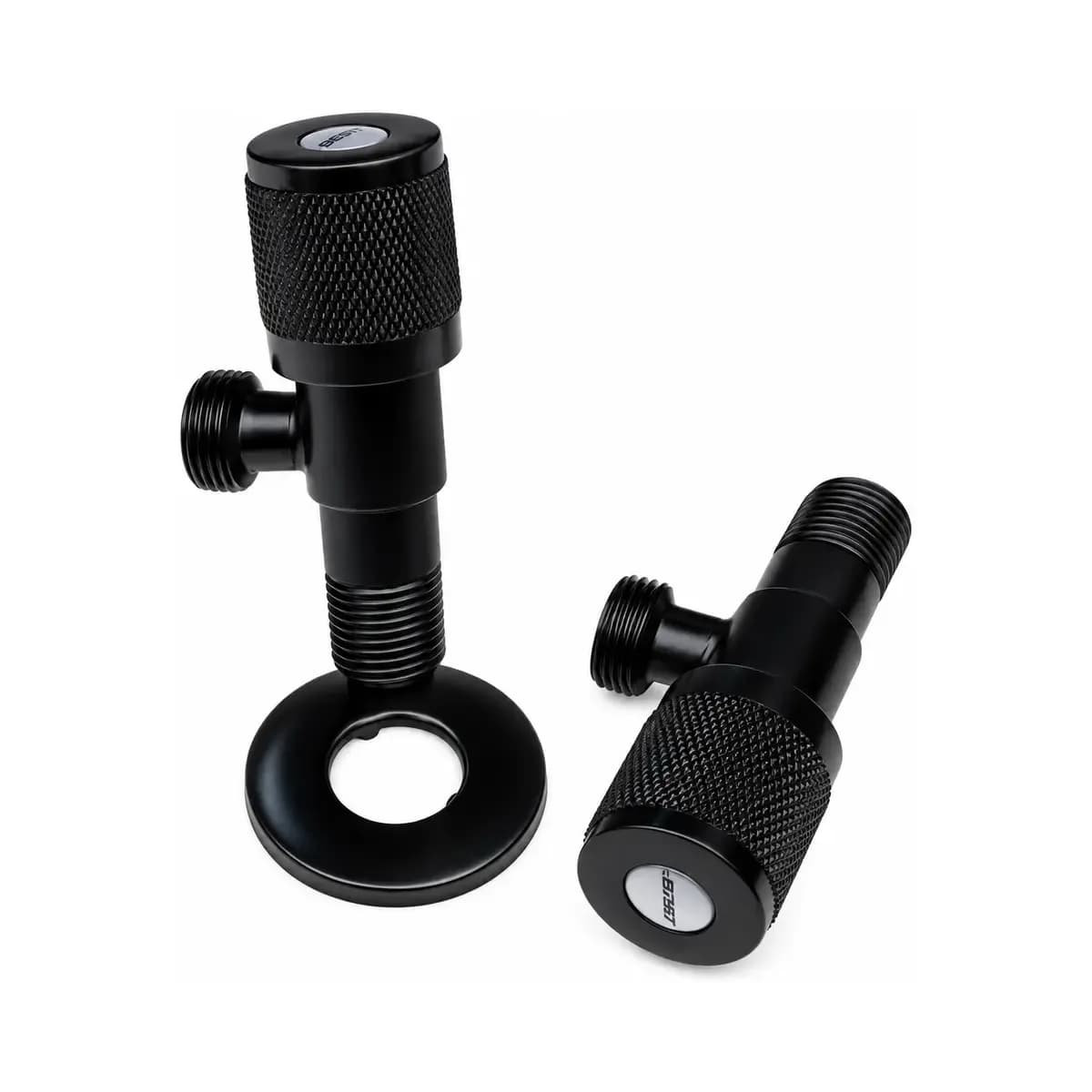 Two dark valves with cylindrical controls, threaded connections and a separate circular trim cover.
