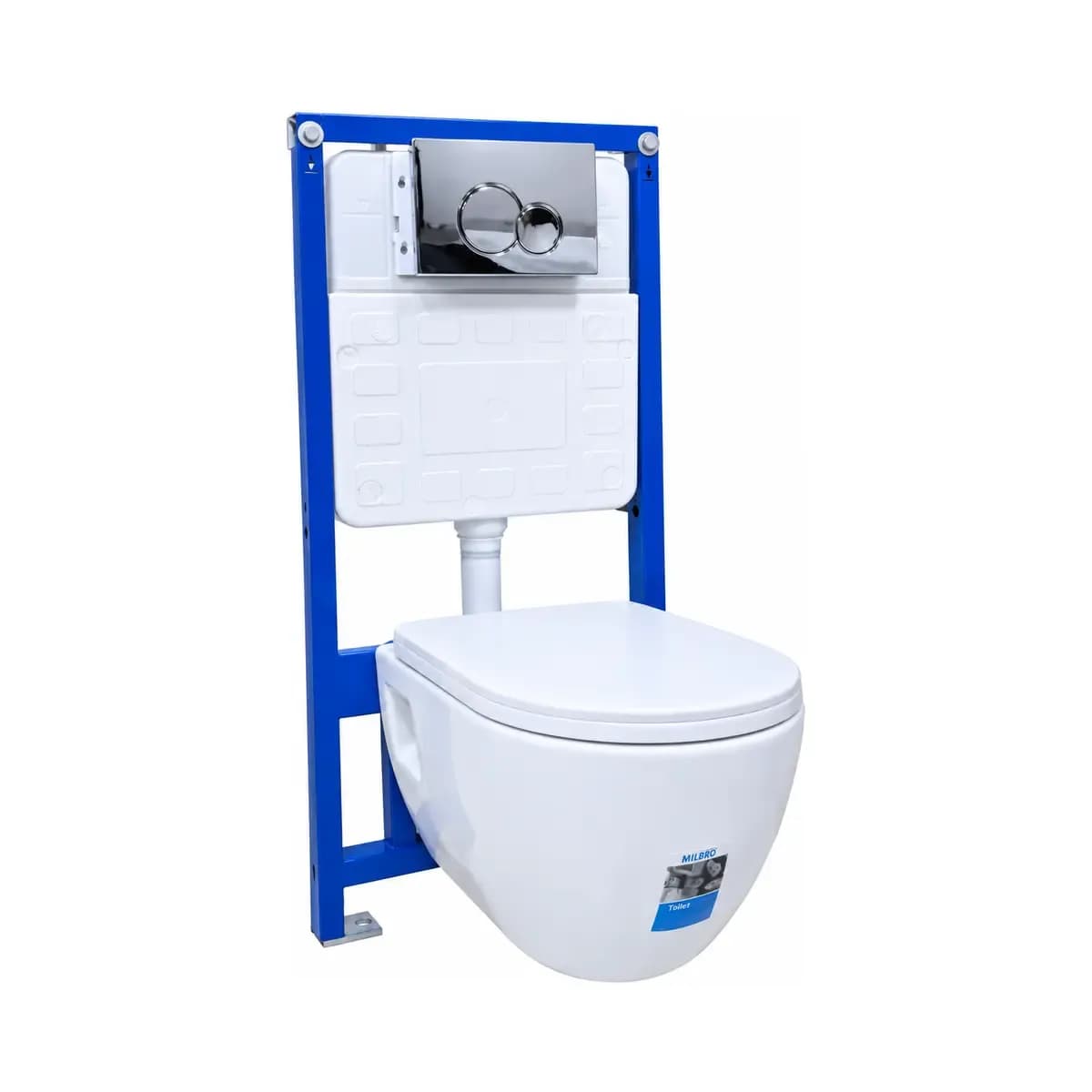 White round-front toilet shown with a blue installation frame, concealed-cistern display and flush plate.