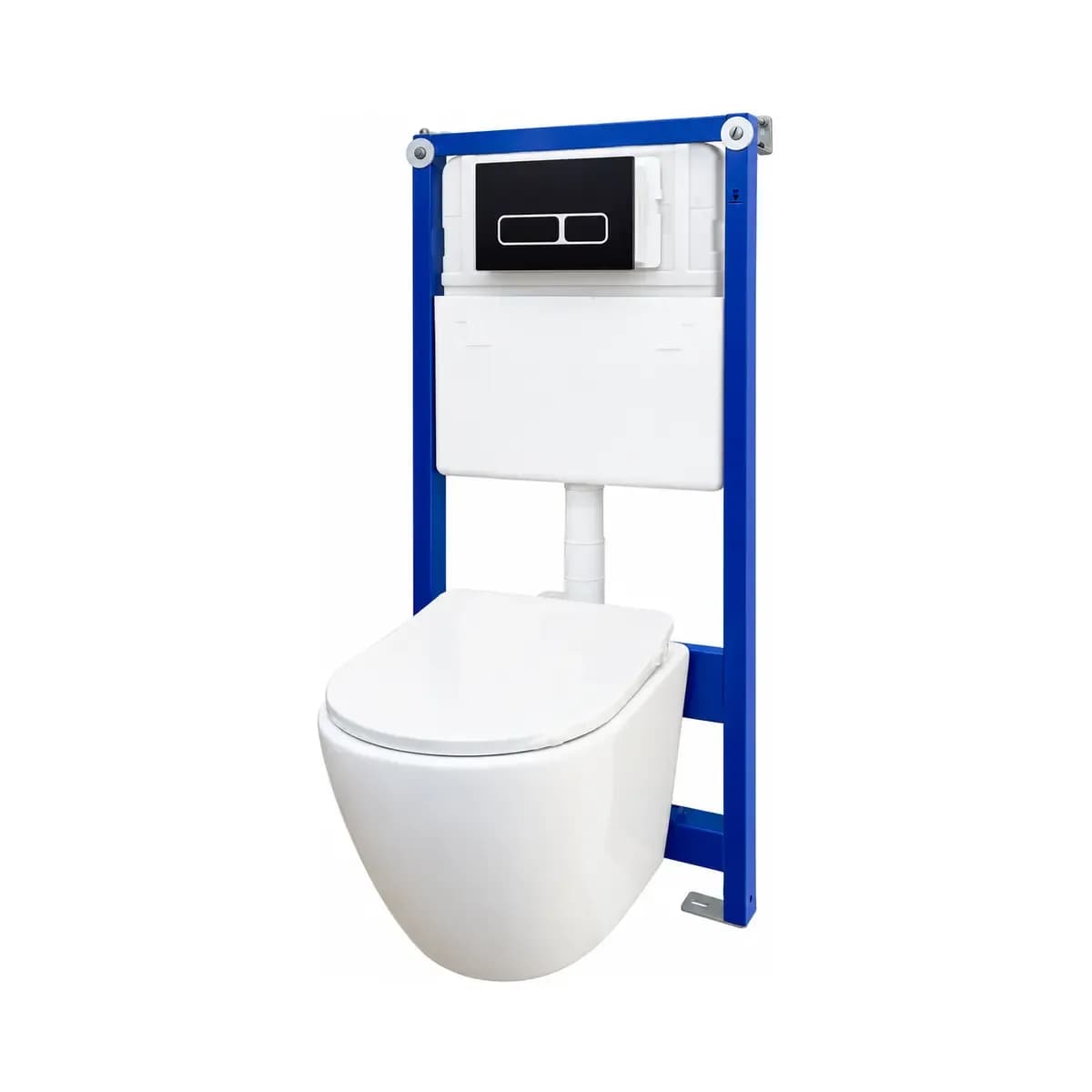 White angular-front toilet shown with a blue installation frame and rectangular flush plate.