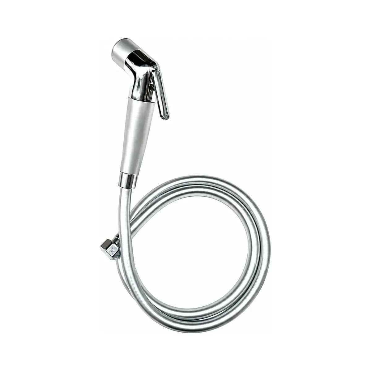 Slim reflective hand spray with a trigger lever and coiled silver-coloured hose.