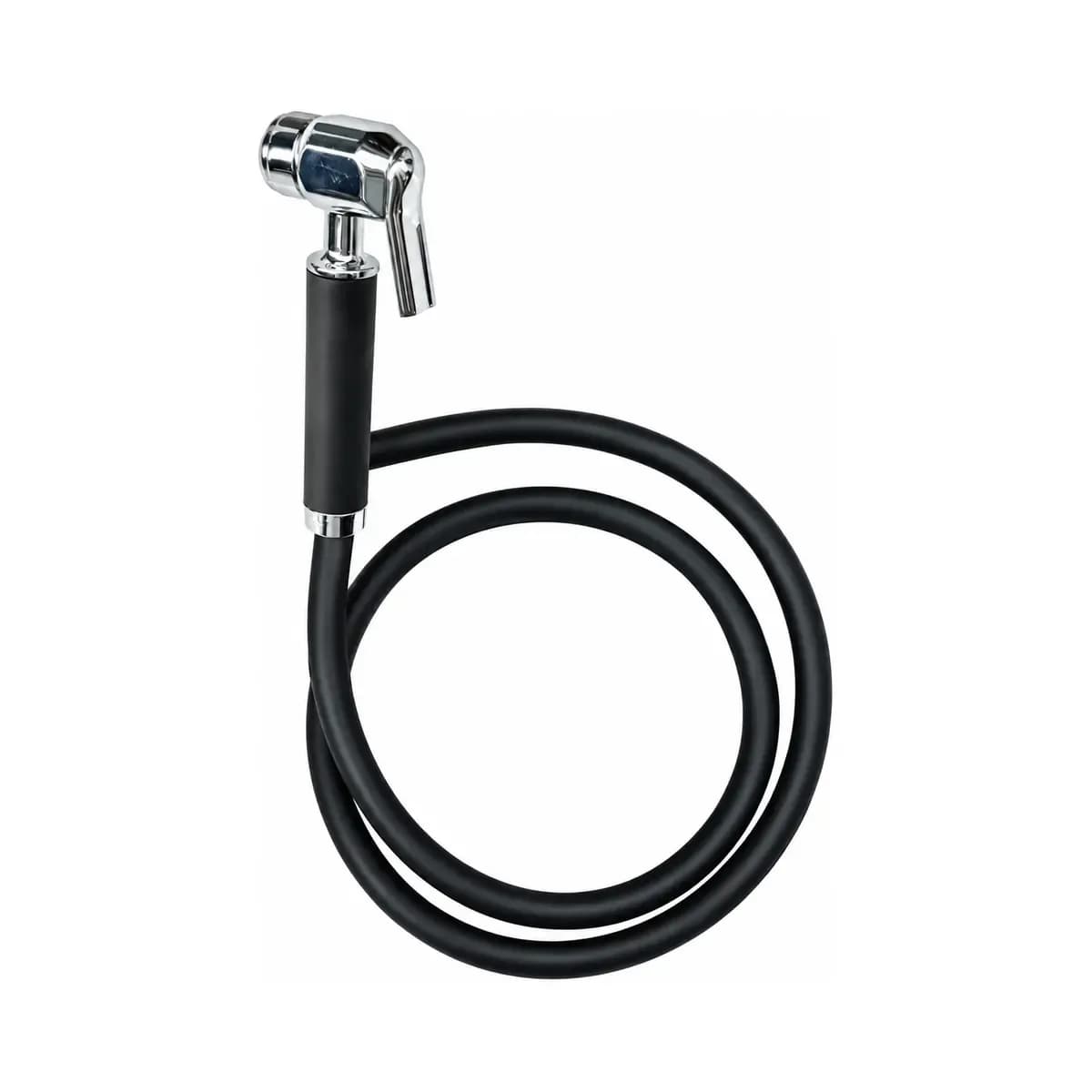 Dark hand spray with reflective head and a black coiled hose.