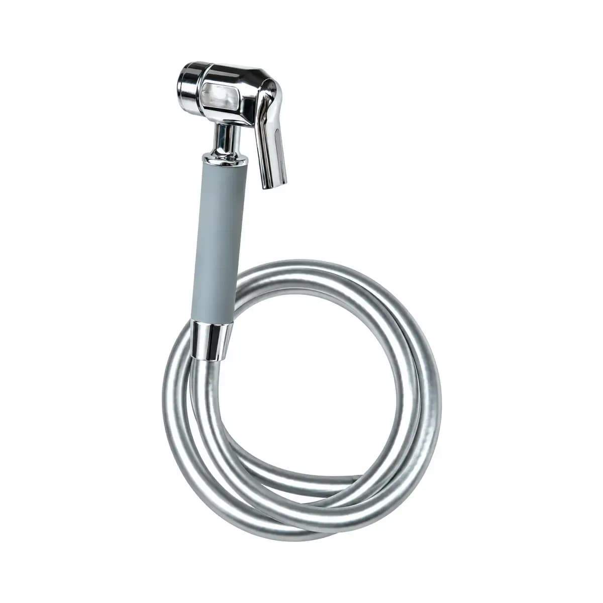 Grey-handled trigger spray with reflective head and silver-coloured coiled hose.