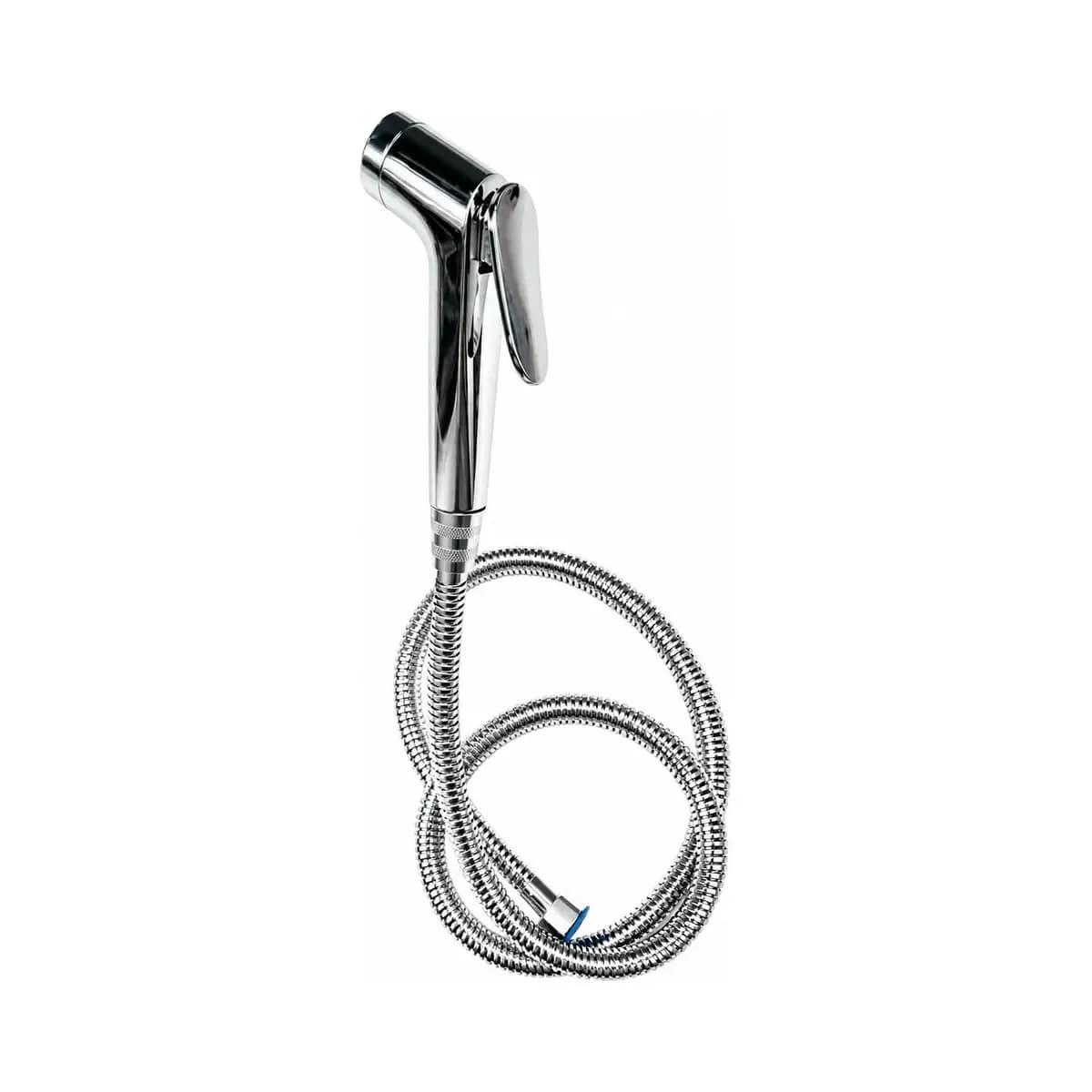 Reflective handheld spray with a top trigger and a loosely coiled silver-coloured hose.