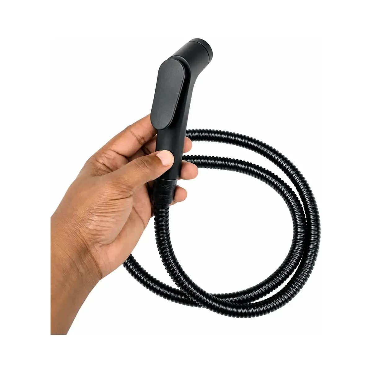 Black handheld trigger spray and hose, shown held in a hand.