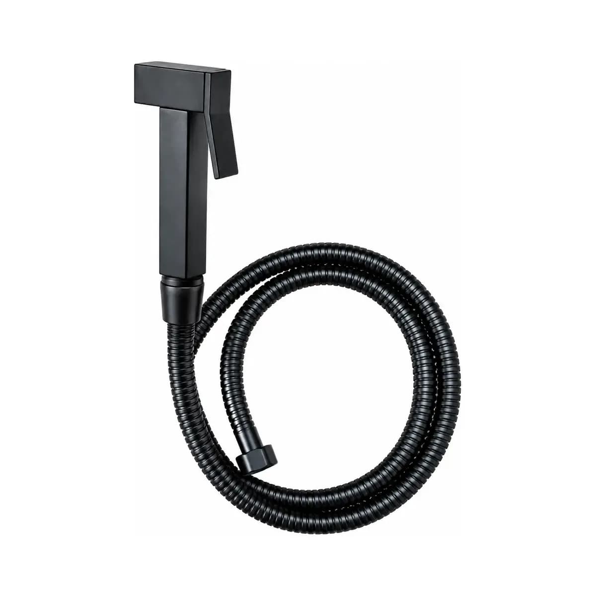 Squared black hand spray with a rectangular lever and dark coiled hose.