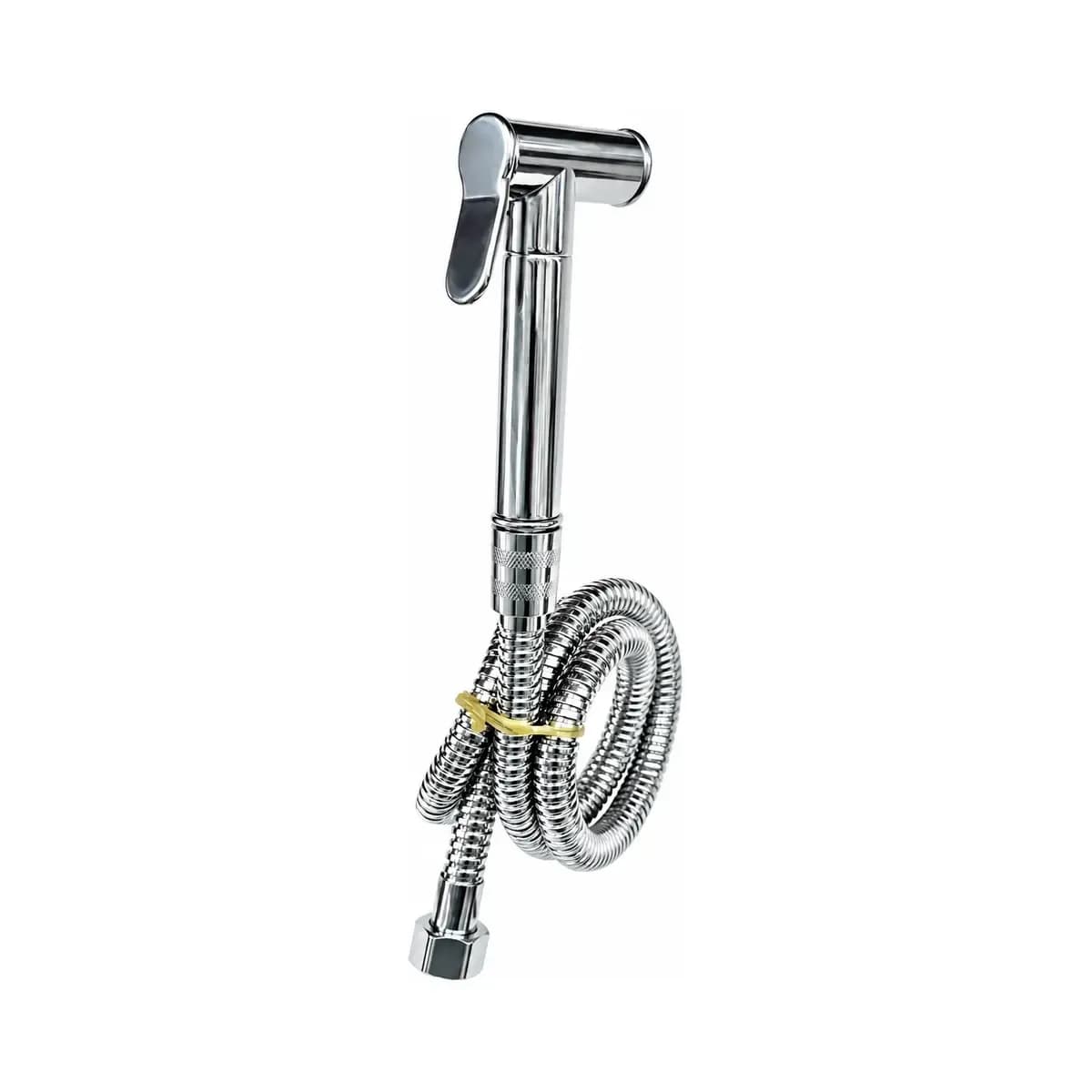 Long reflective spray body with a top trigger, shown with a coiled hose.