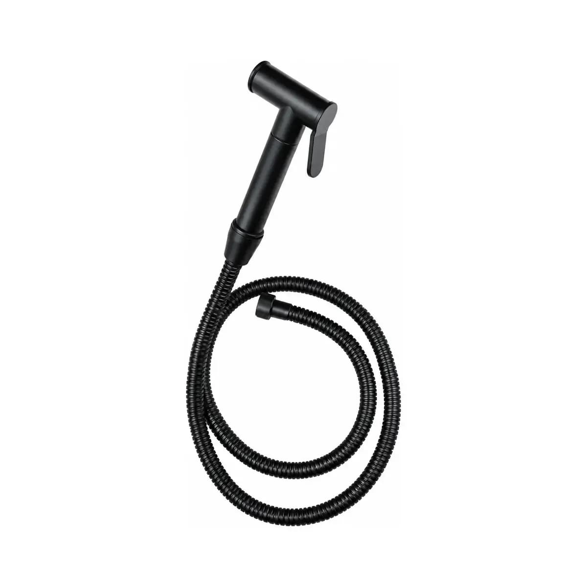 Black handheld spray with a broad trigger and dark coiled hose.
