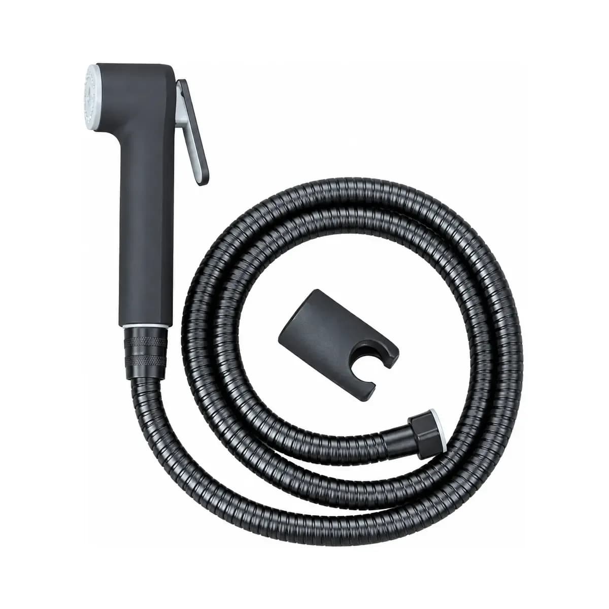 Grey-handled spray with a dark hose and a separate wall bracket pictured alongside.