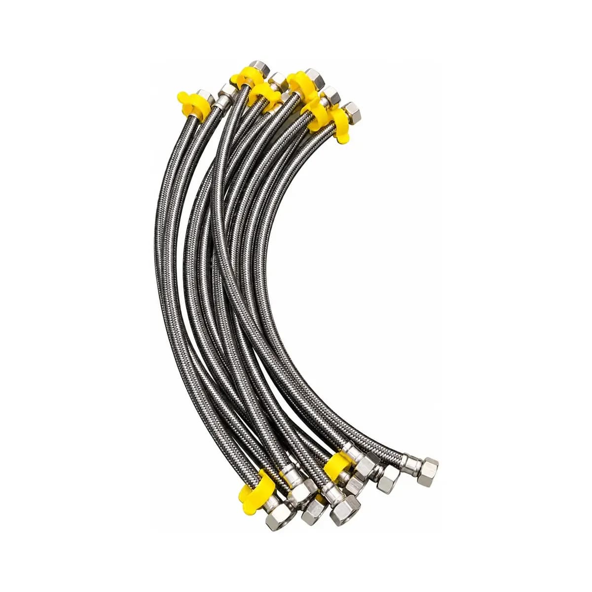 A group of silver-coloured braided flexible hoses with yellow protective caps and threaded ends.