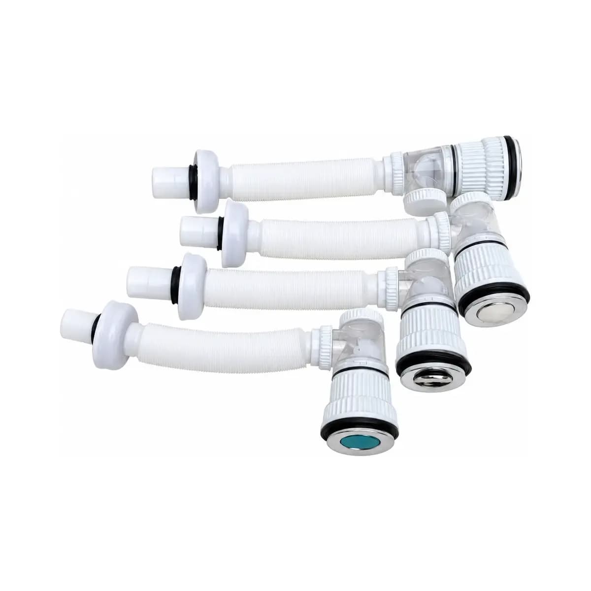 Several white drain connectors with short pipe sections and ring-shaped connection ends.