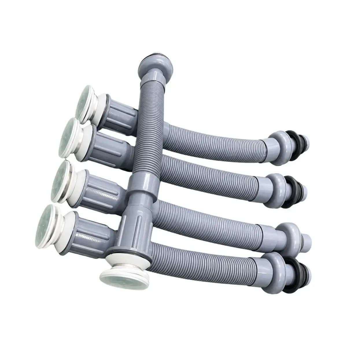 Grey corrugated drain assemblies with light-coloured connection rings and circular drain ends.
