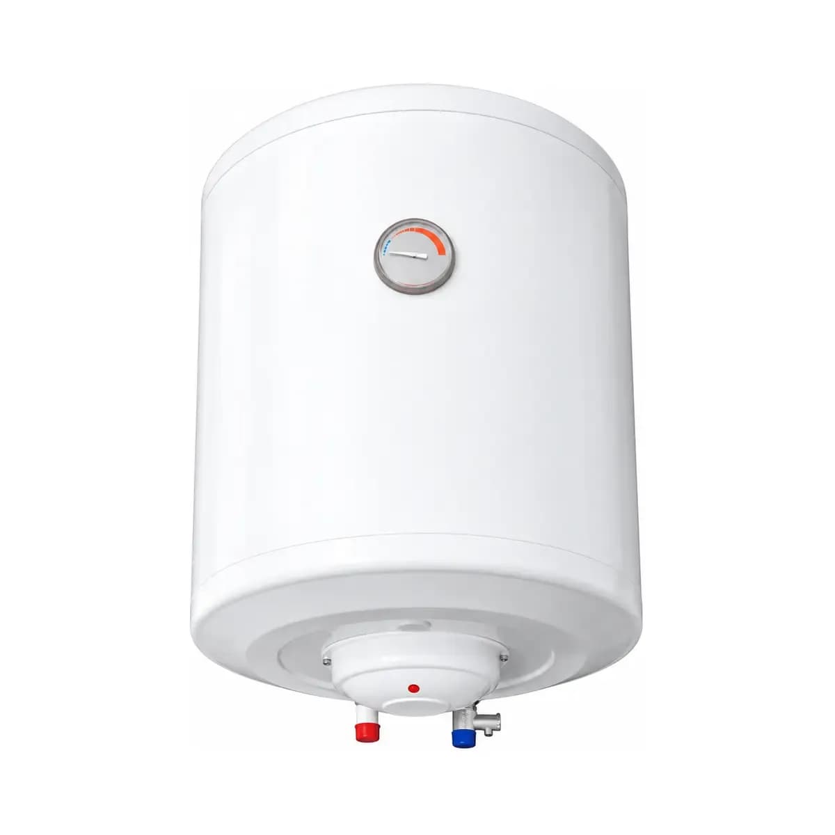 Rounded white wall appliance with a central round dial and red and blue marked lower connection points.