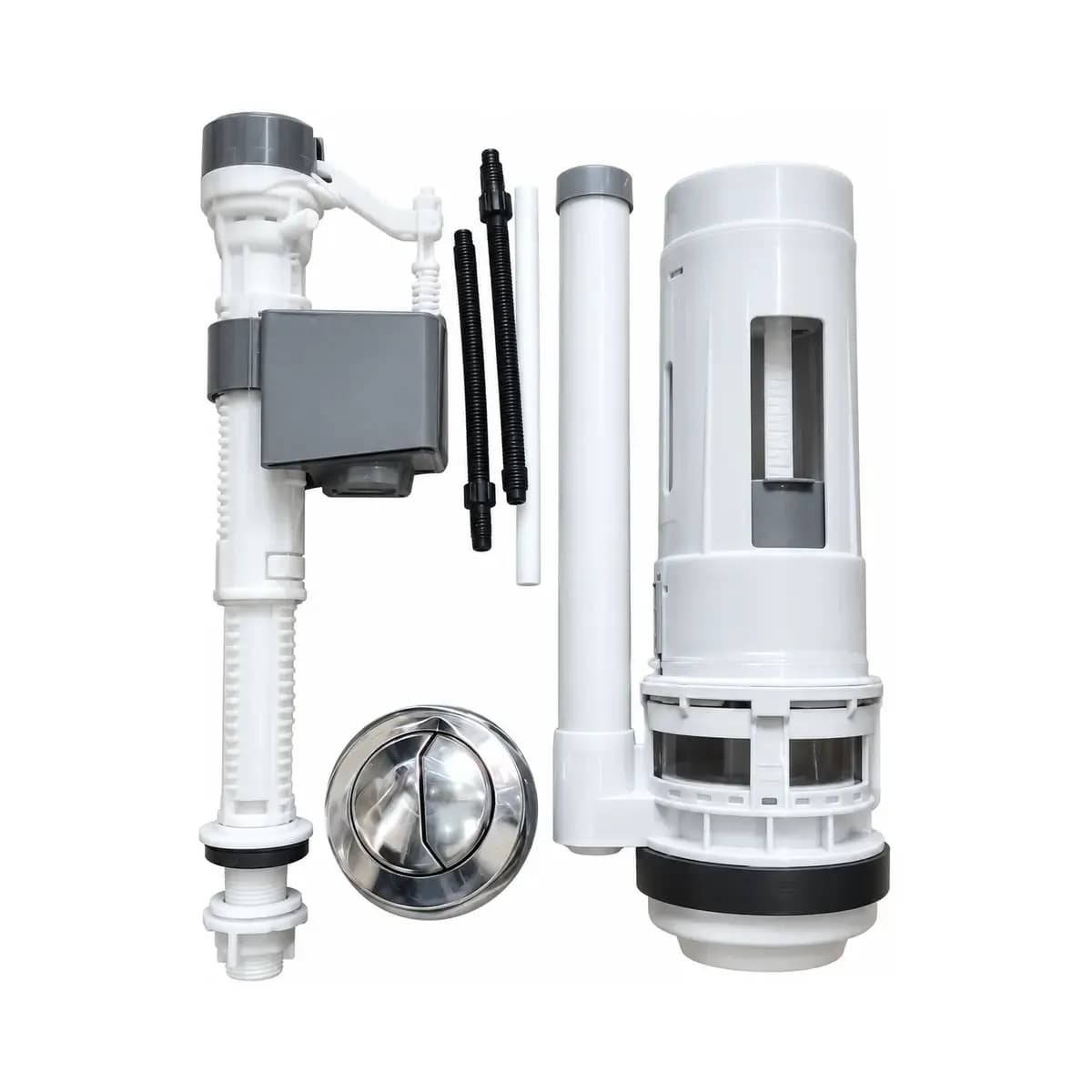 A tall white flush mechanism, side inlet assembly, rods and round fittings pictured together.