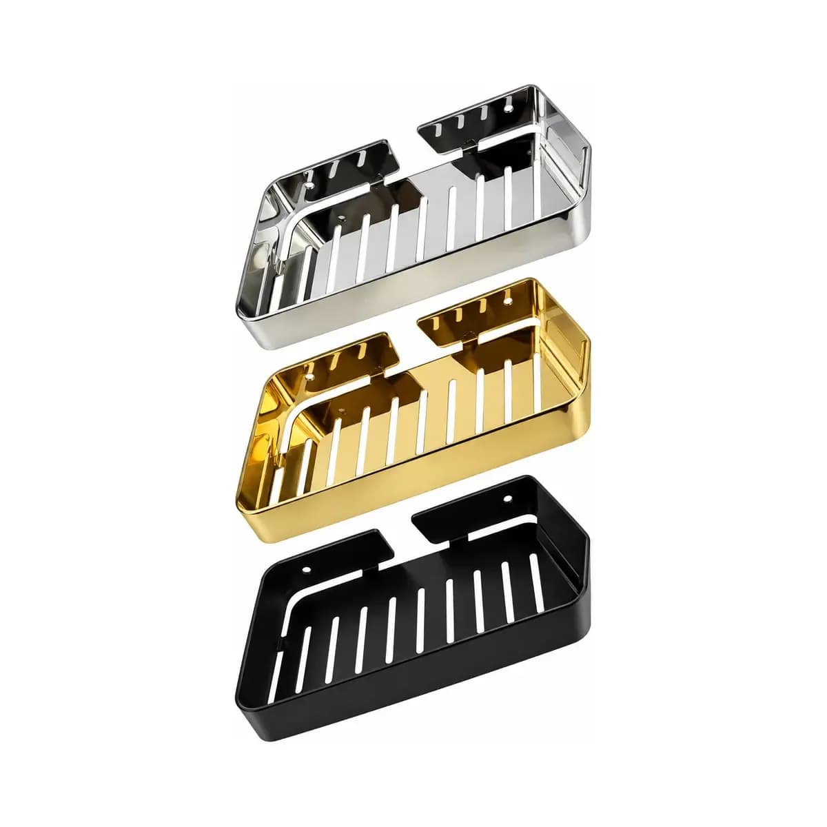 Three rectangular slotted wall baskets shown in silver, gold-coloured and black appearances.