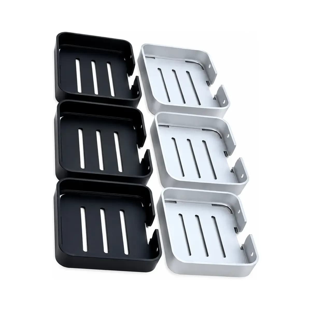 Several black and silver-finish shallow rectangular baskets with slotted bases and upright backs.