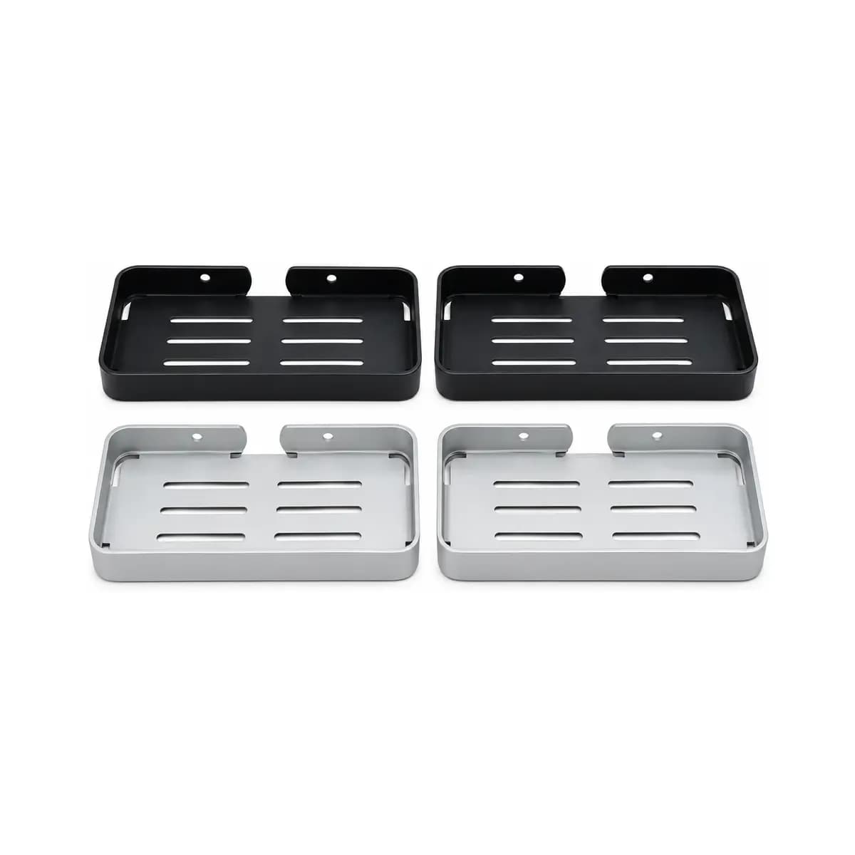 Small black and silver-finish rectangular wall trays with mounting holes and drainage-style slots.