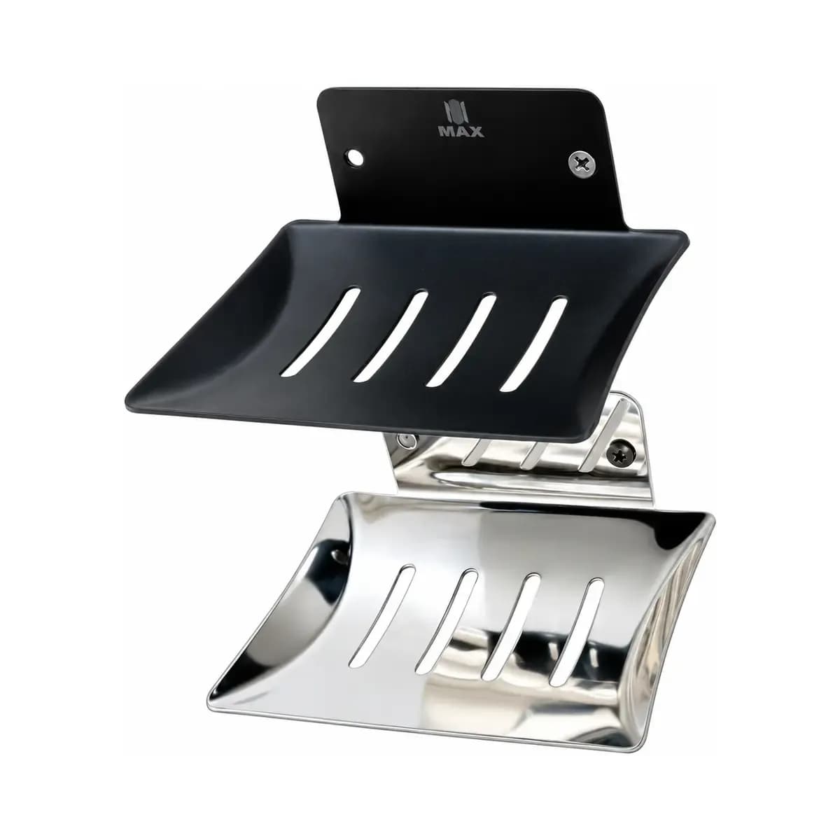 Black and silver-finish angled slotted holders with short wall-mounting plates.
