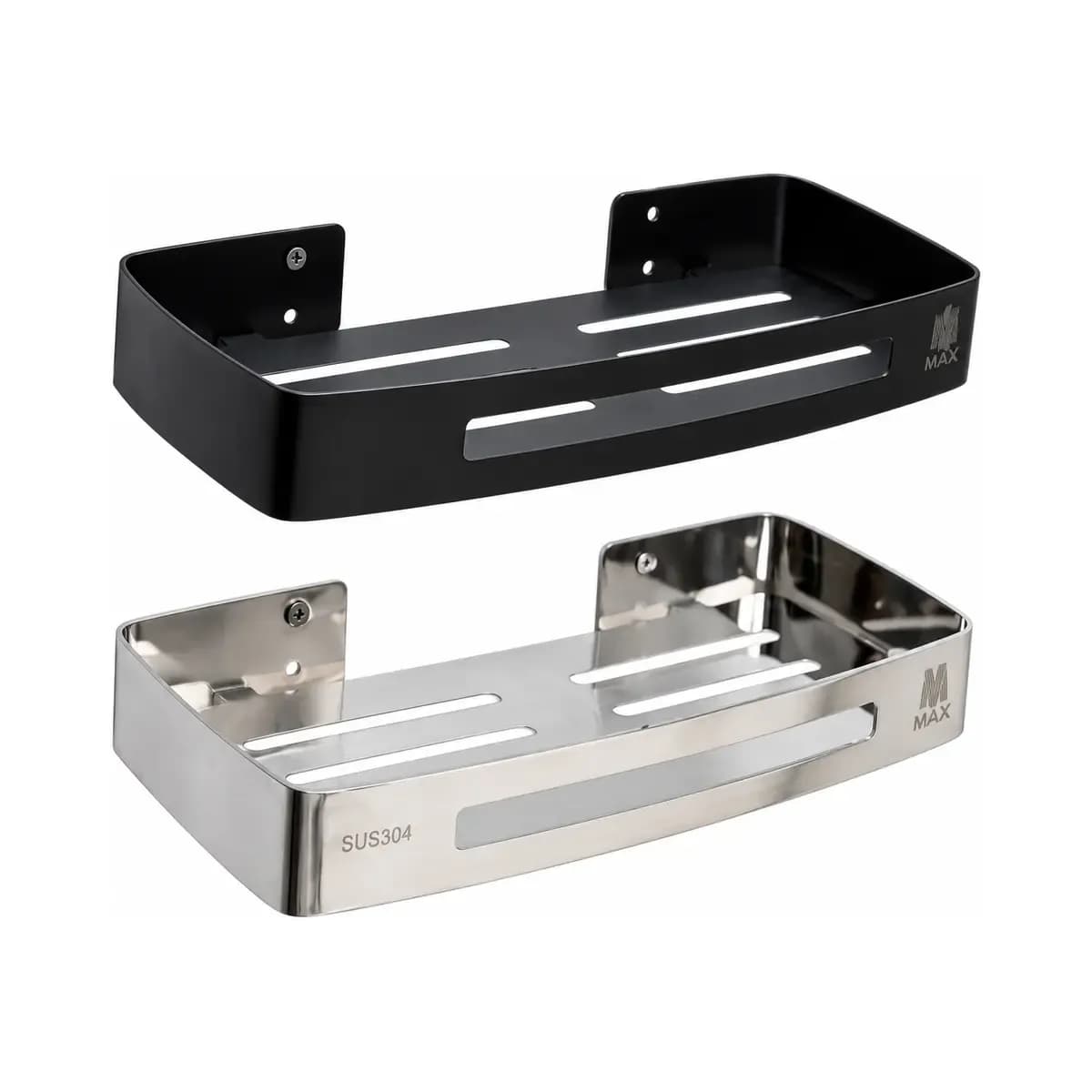 Black and silver-finish rectangular wall baskets with raised sides and long slots.