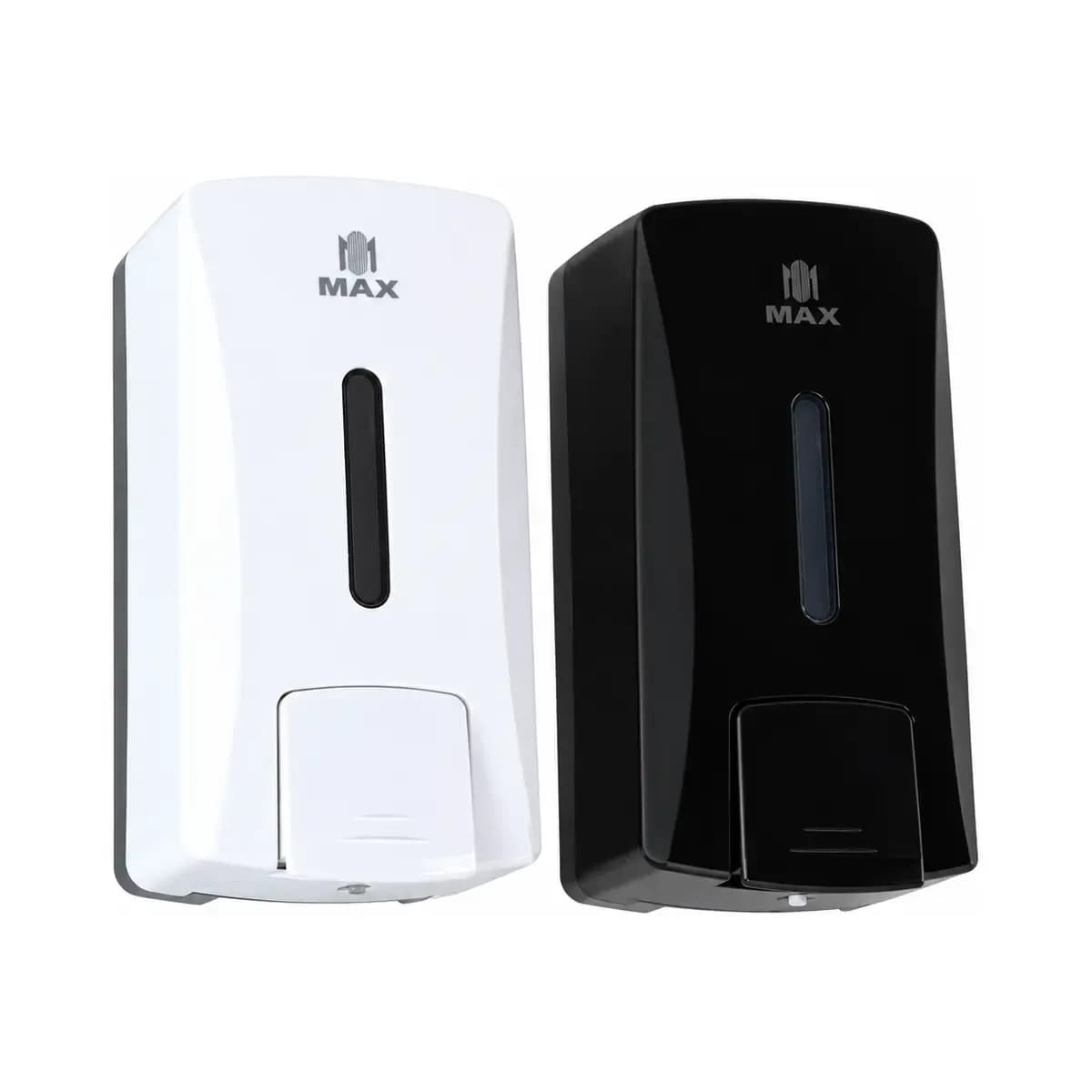 White and black tall rectangular wall dispensers with slim vertical windows and lower push areas.